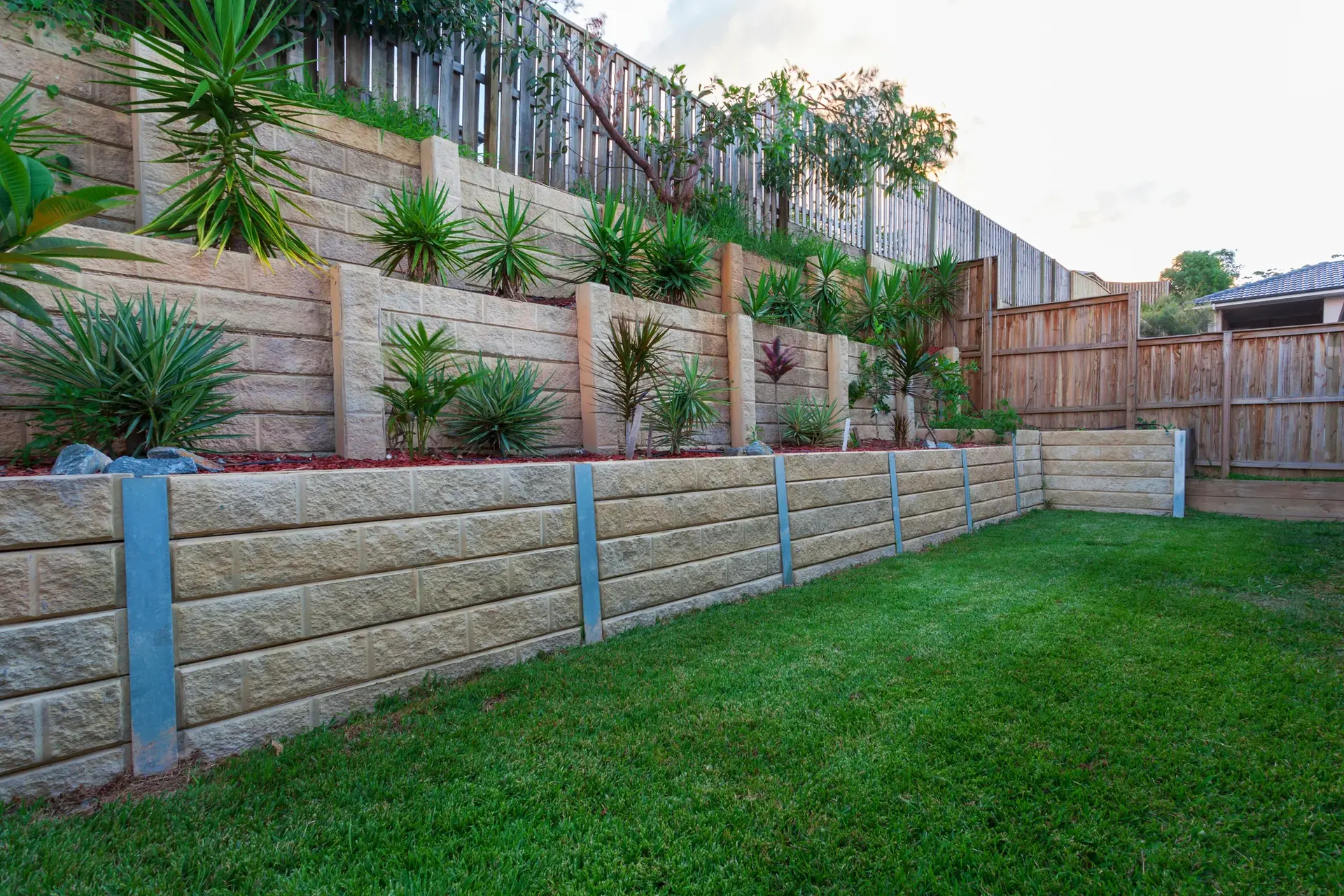 Grey concrete sleeper retaining wall with blue steel posts beneath a planted timber terrace