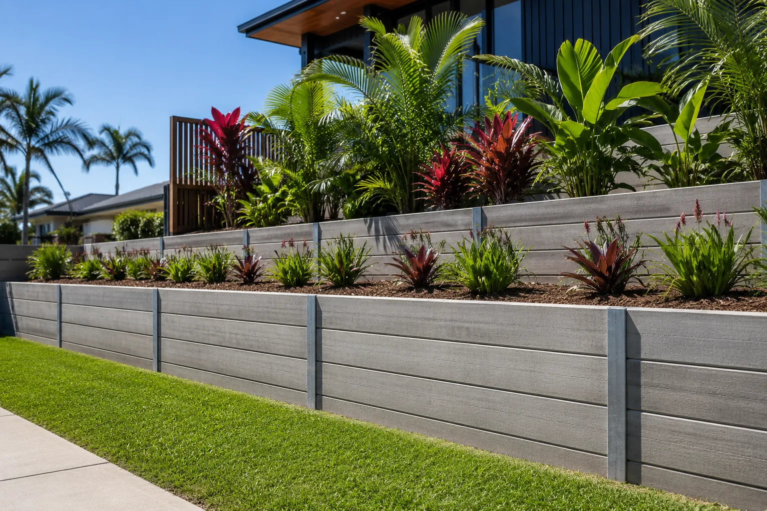 Grey concrete sleeper retaining wall with steel posts below a tropical front garden and lawn