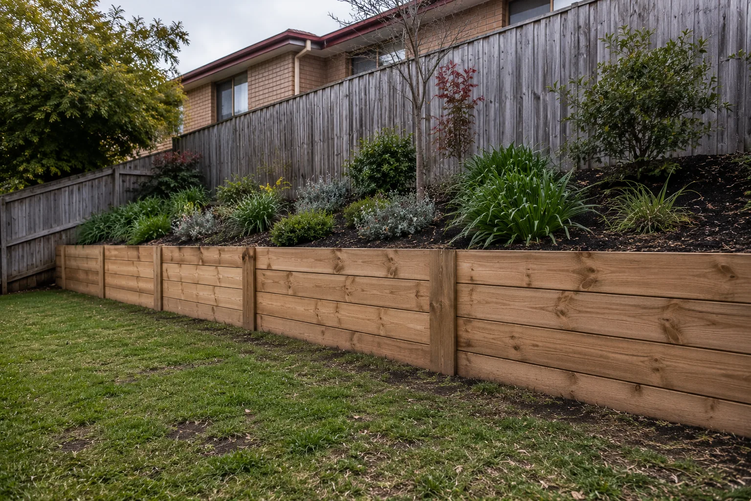 Treated timber sleeper retaining wall holding a planted garden bed above a lawn